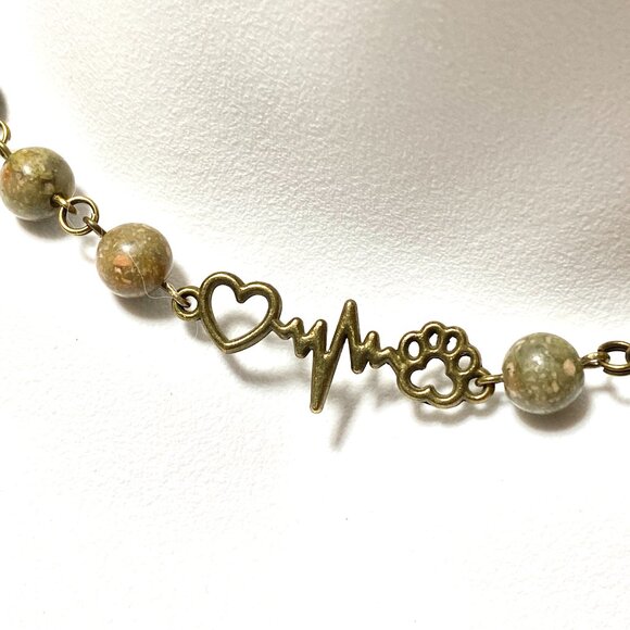 Natural Earthy Unakite Necklace, Bronze Paw Print Heart Beat + Genuine Gemstone - Picture 1 of 16